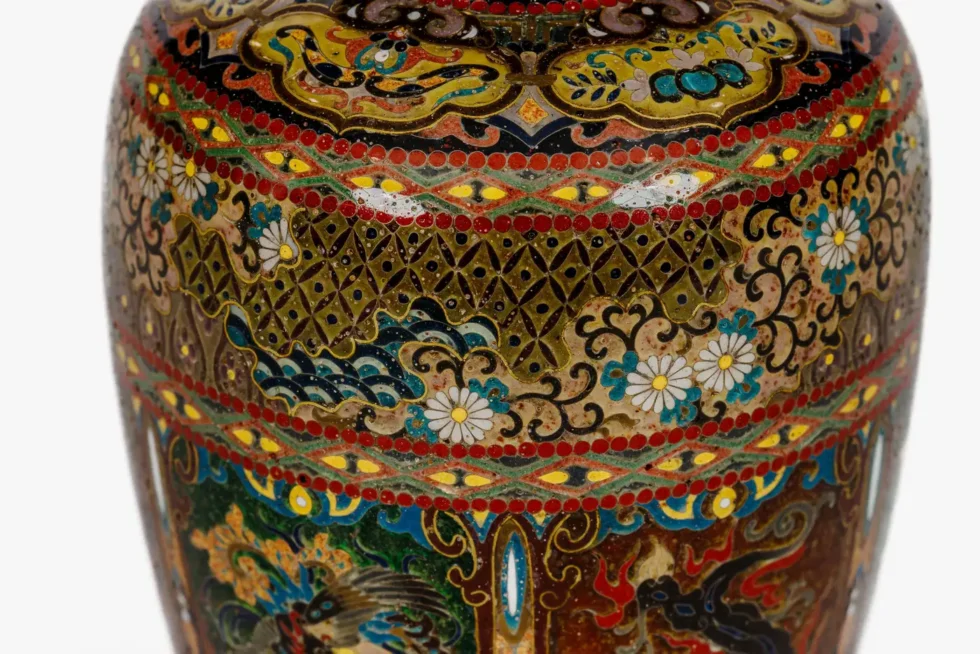 Pair of Japanese Cloisonné Enamel Vases with Dragon and Phoenix, Attributed Ando - Image 10
