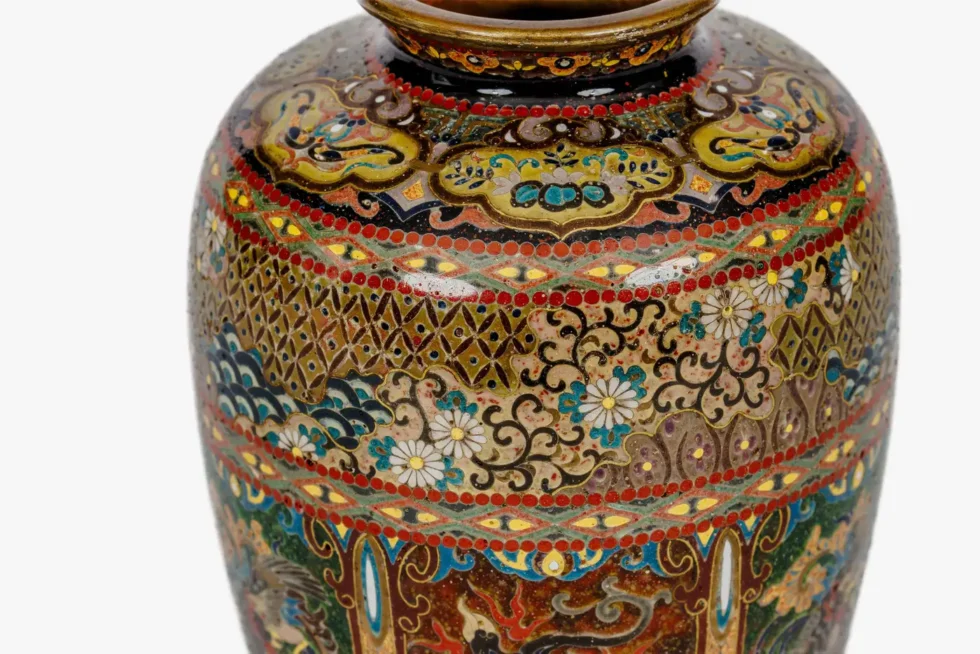 Pair of Japanese Cloisonné Enamel Vases with Dragon and Phoenix, Attributed Ando - Image 11