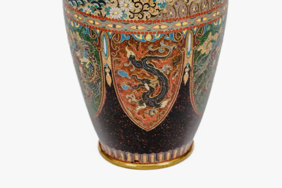 Pair of Japanese Cloisonné Enamel Vases with Dragon and Phoenix, Attributed Ando - Image 12
