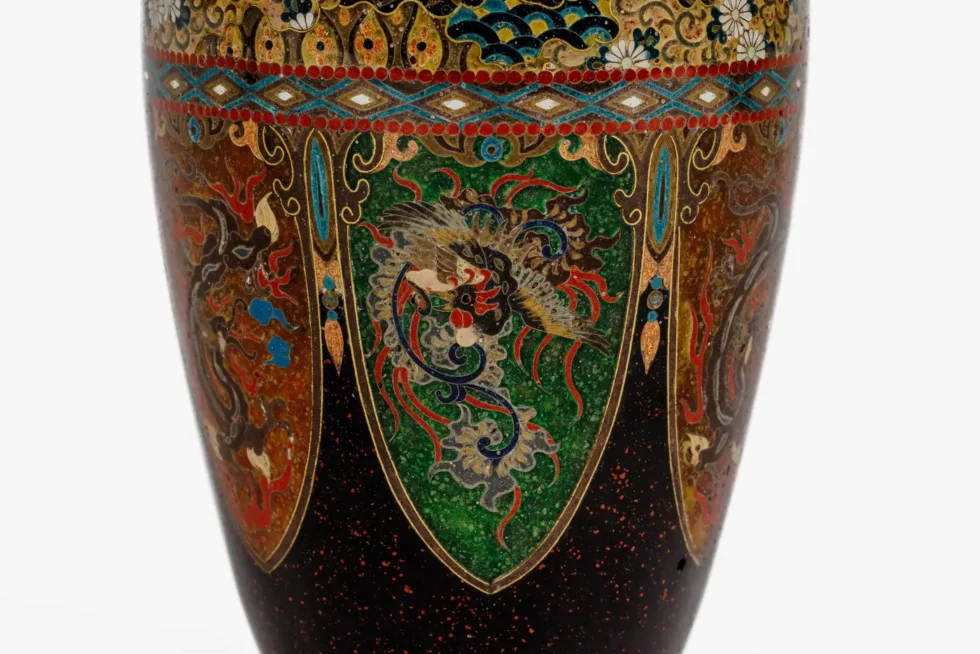 Pair of Japanese Cloisonné Enamel Vases with Dragon and Phoenix, Attributed Ando - Image 16