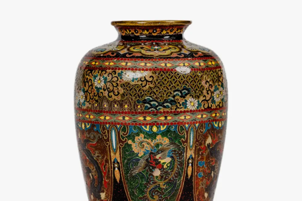 Pair of Japanese Cloisonné Enamel Vases with Dragon and Phoenix, Attributed Ando - Image 19