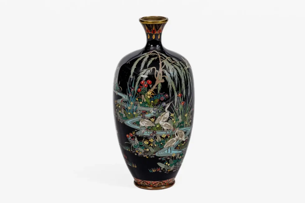 Japanese Cloisonné Enamel Vase Attributed to Hayashi Kodenji with Cranes - Image 14