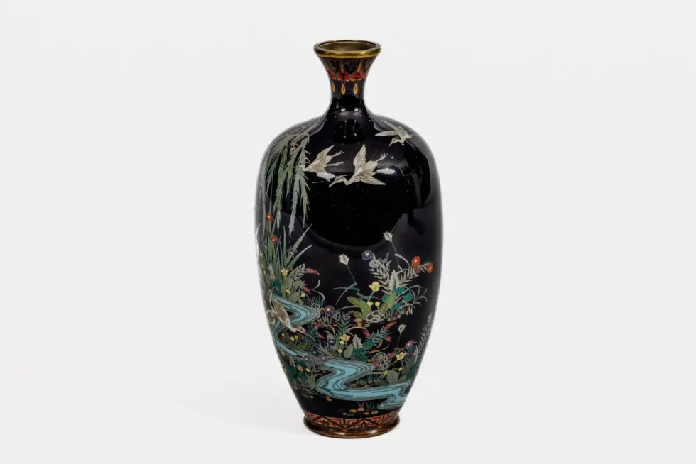 Japanese Cloisonné Enamel Vase Attributed to Hayashi Kodenji with Cranes - Image 13