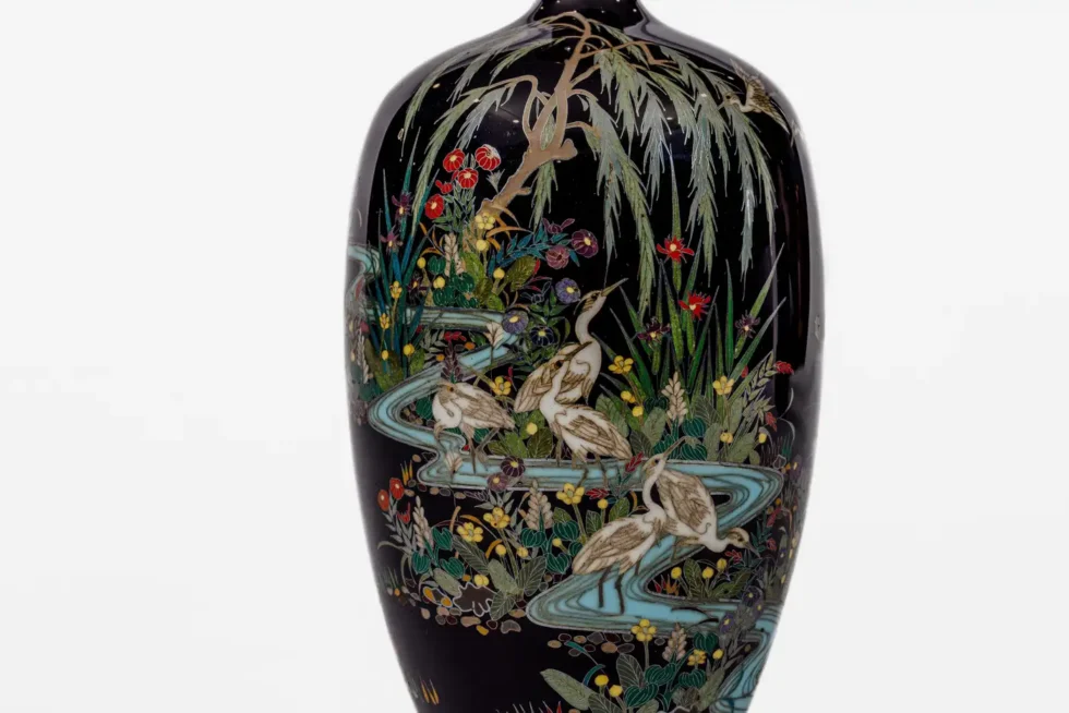 Japanese Cloisonné Enamel Vase Attributed to Hayashi Kodenji with Cranes - Image 9