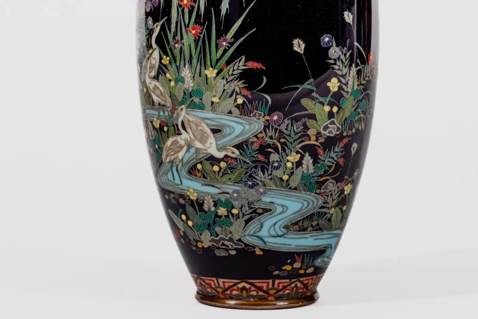 Japanese Cloisonné Enamel Vase Attributed to Hayashi Kodenji with Cranes - Image 8