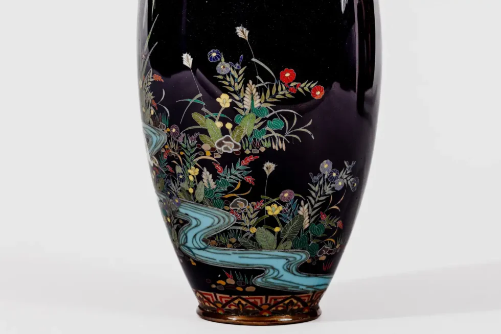 Japanese Cloisonné Enamel Vase Attributed to Hayashi Kodenji with Cranes - Image 7