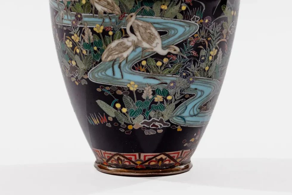 Japanese Cloisonné Enamel Vase Attributed to Hayashi Kodenji with Cranes - Image 3