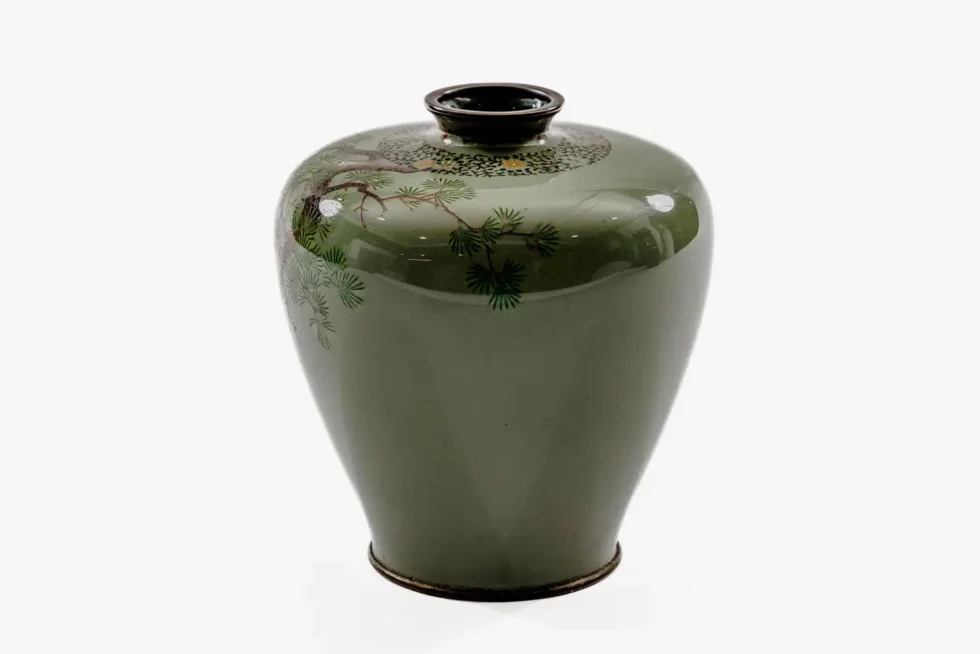 Exquisite Cloisonné Enamel Vase Birds Pine Celadon Ground, Attributed Hayashi - Image 11