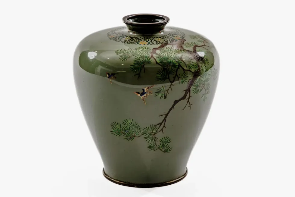 Exquisite Cloisonné Enamel Vase Birds Pine Celadon Ground, Attributed Hayashi - Image 9