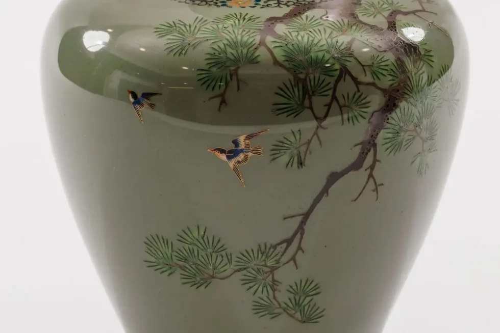 Exquisite Cloisonné Enamel Vase Birds Pine Celadon Ground, Attributed Hayashi - Image 8
