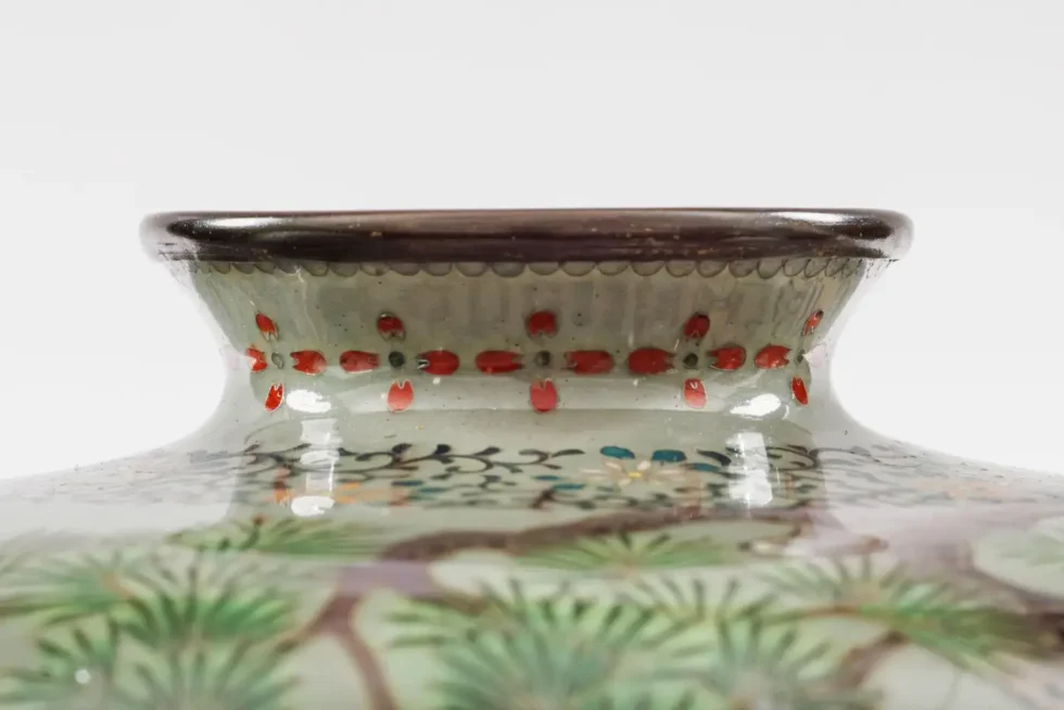 Exquisite Cloisonné Enamel Vase Birds Pine Celadon Ground, Attributed Hayashi - Image 7