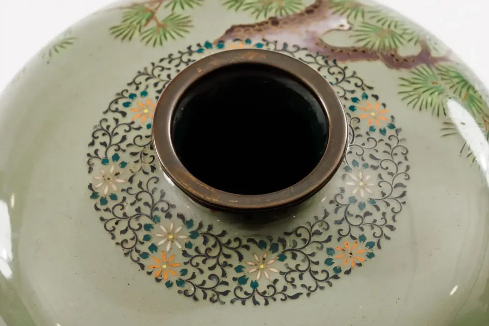 Exquisite Cloisonné Enamel Vase Birds Pine Celadon Ground, Attributed Hayashi - Image 6