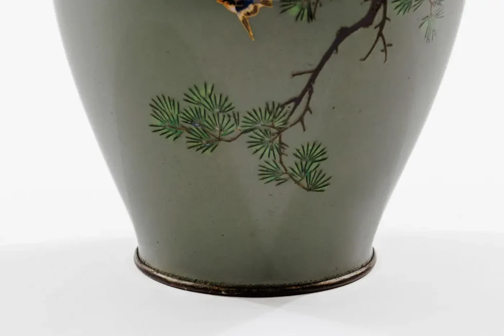 Exquisite Cloisonné Enamel Vase Birds Pine Celadon Ground, Attributed Hayashi - Image 4