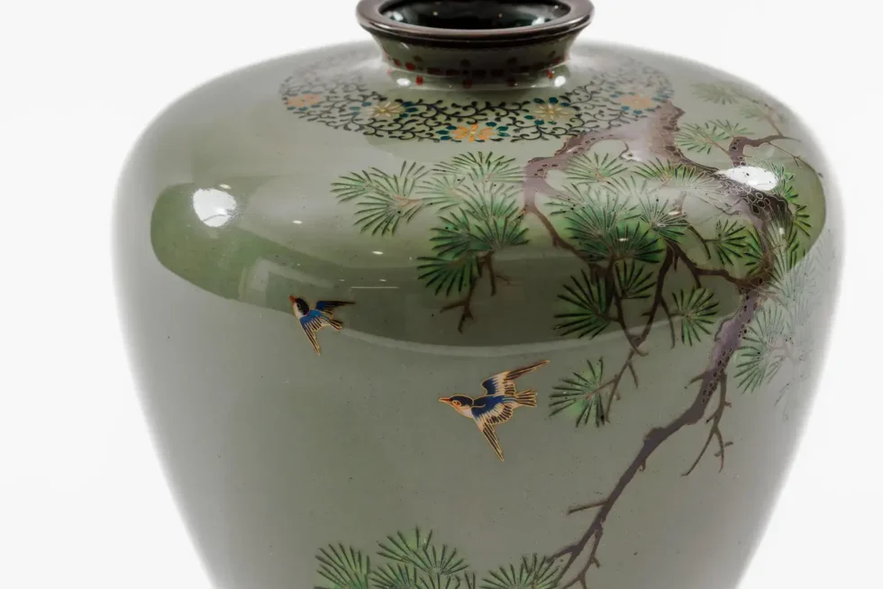 Exquisite Cloisonné Enamel Vase Birds Pine Celadon Ground, Attributed Hayashi - Image 3