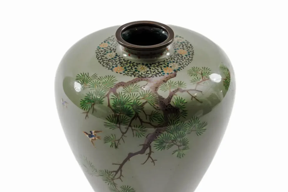 Exquisite Cloisonné Enamel Vase Birds Pine Celadon Ground, Attributed Hayashi - Image 2