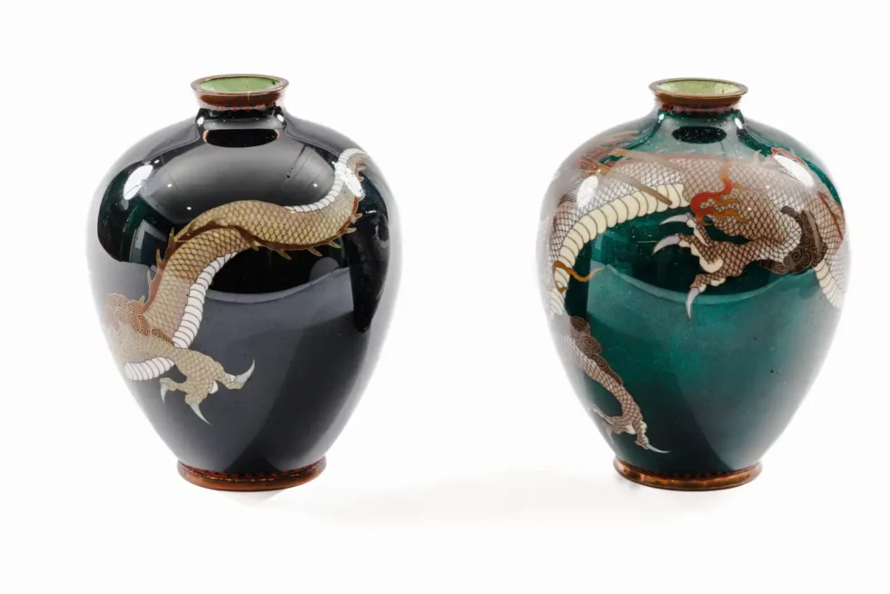 Pair of Japanese Cloisonné Enamel Dragon Vases Attributed to Honda Yasaburo - Image 2