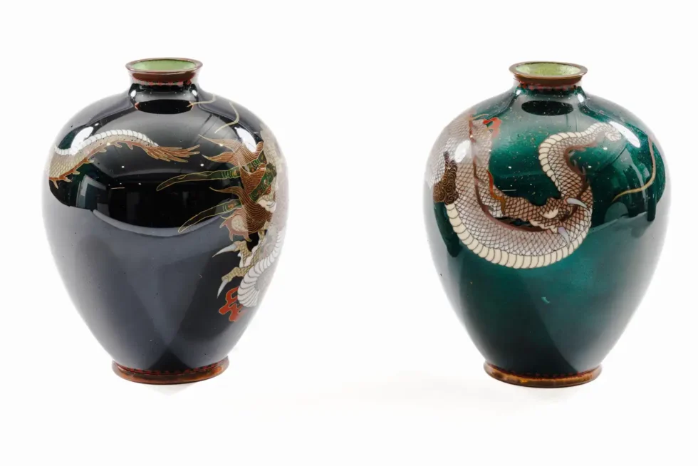 Pair of Japanese Cloisonné Enamel Dragon Vases Attributed to Honda Yasaburo - Image 3