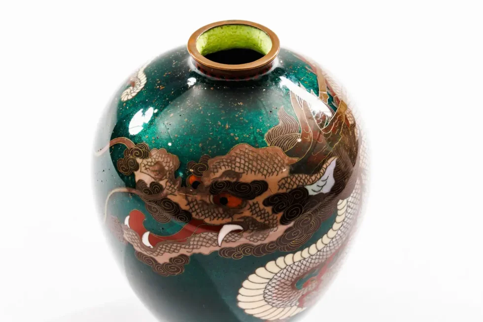 Pair of Japanese Cloisonné Enamel Dragon Vases Attributed to Honda Yasaburo - Image 4