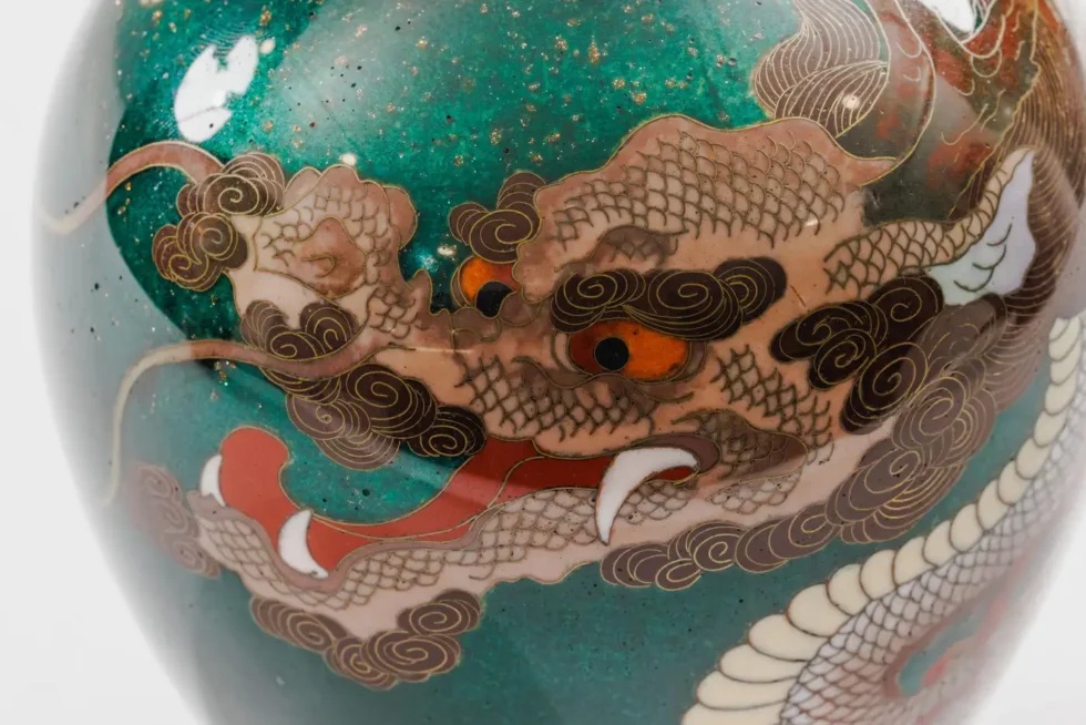 Pair of Japanese Cloisonné Enamel Dragon Vases Attributed to Honda Yasaburo - Image 5
