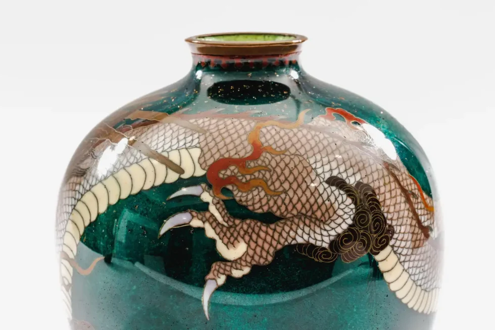 Pair of Japanese Cloisonné Enamel Dragon Vases Attributed to Honda Yasaburo - Image 6