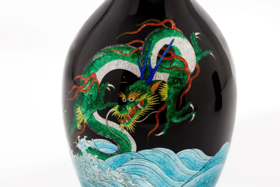 Japanese Meiji Cloisonné Enamel Ginbari Vase Green Dragon by Kumeno Teitaro - Image 6