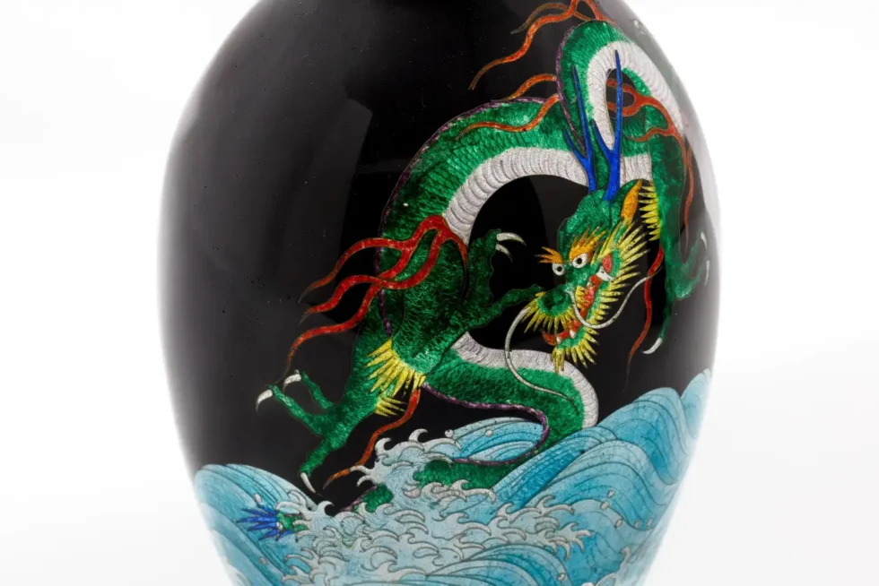 Japanese Meiji Cloisonné Enamel Ginbari Vase Green Dragon by Kumeno Teitaro - Image 7