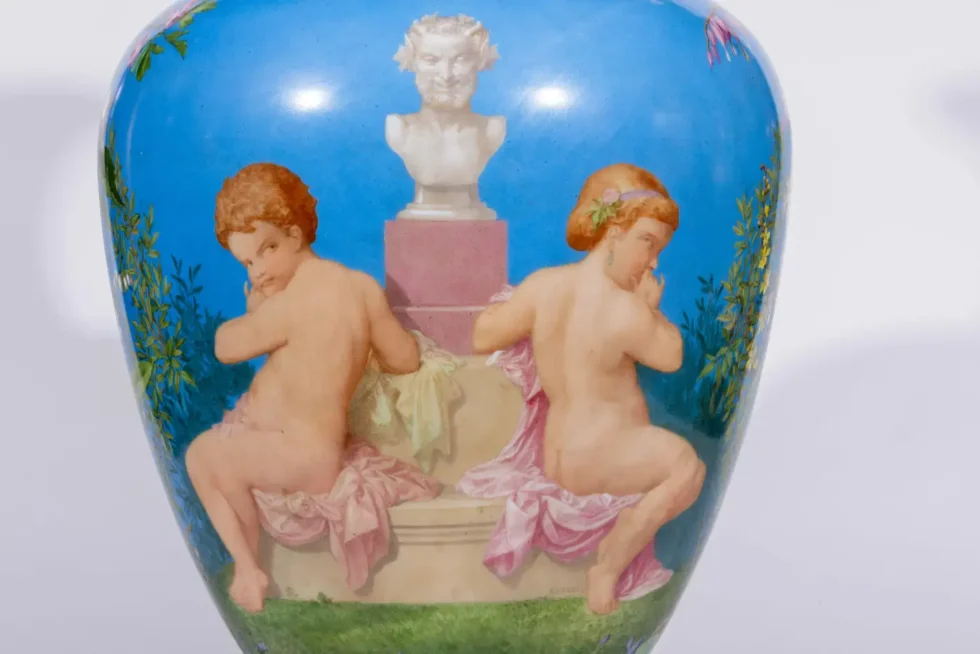 A Large French Baccarat Opaline Glass Hand-Painted "Bacchanale" Vase, by Roussel - Image 12