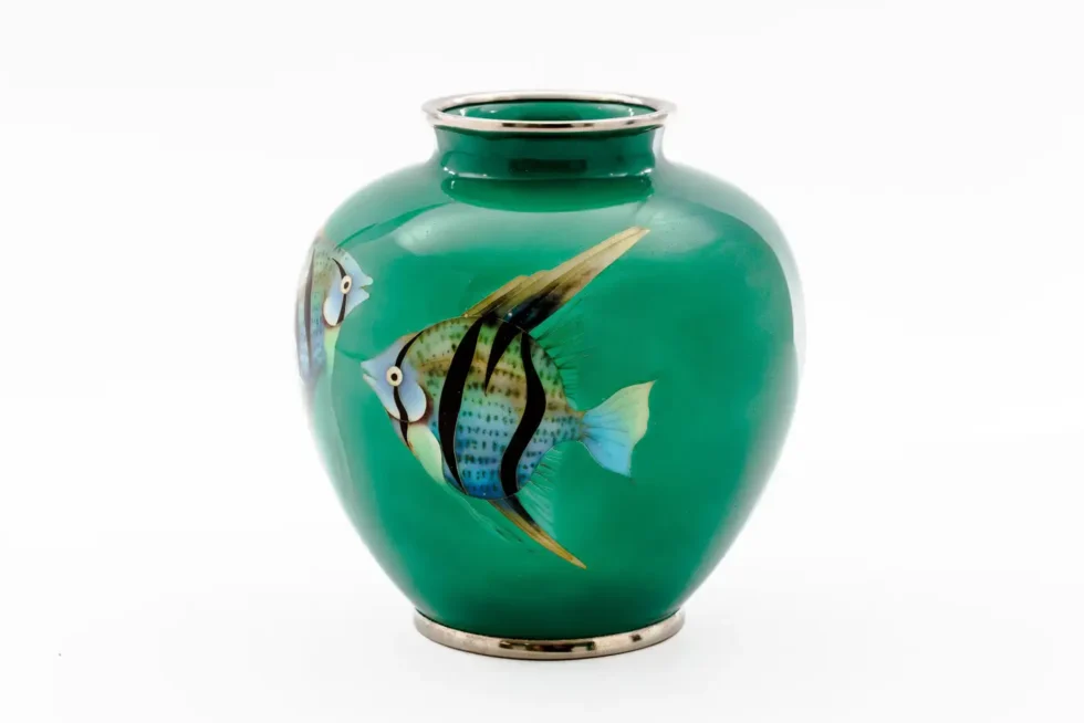 Mid-Century Japanese Cloisonné Enamel Vase with Tropical Fish Attributed to Sato - Image 2