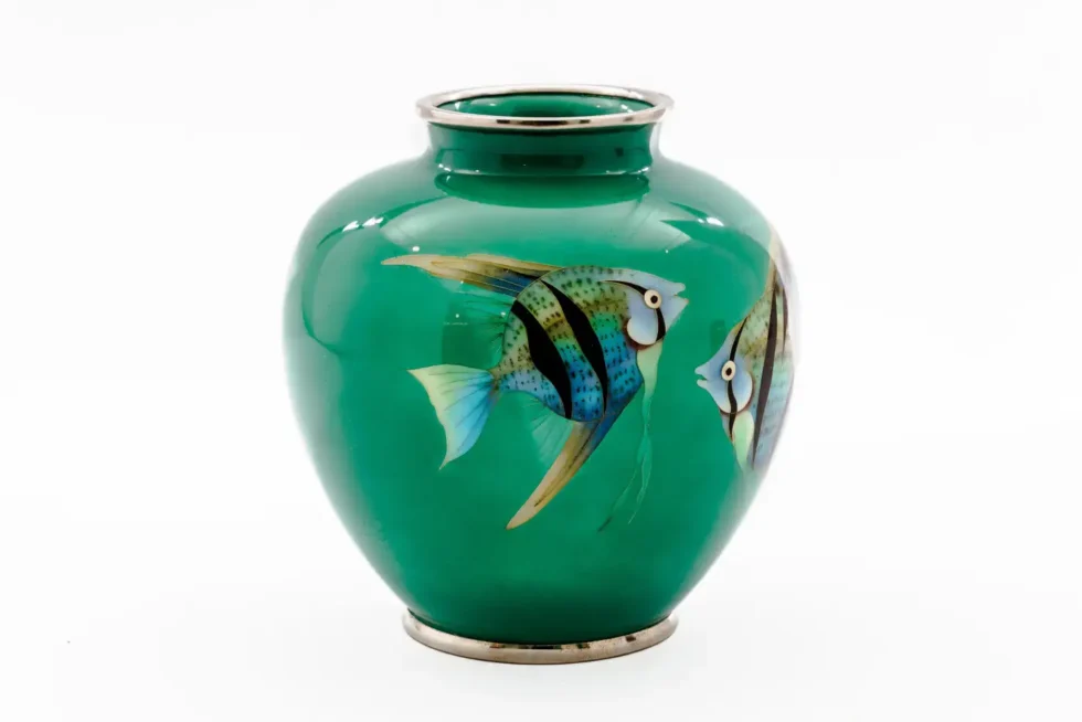 Mid-Century Japanese Cloisonné Enamel Vase with Tropical Fish Attributed to Sato - Image 4