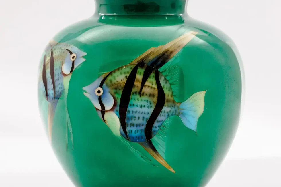 Mid-Century Japanese Cloisonné Enamel Vase with Tropical Fish Attributed to Sato - Image 6