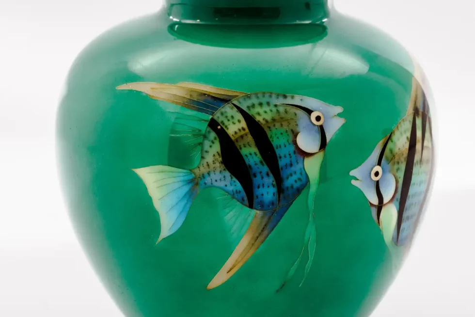 Mid-Century Japanese Cloisonné Enamel Vase with Tropical Fish Attributed to Sato - Image 7