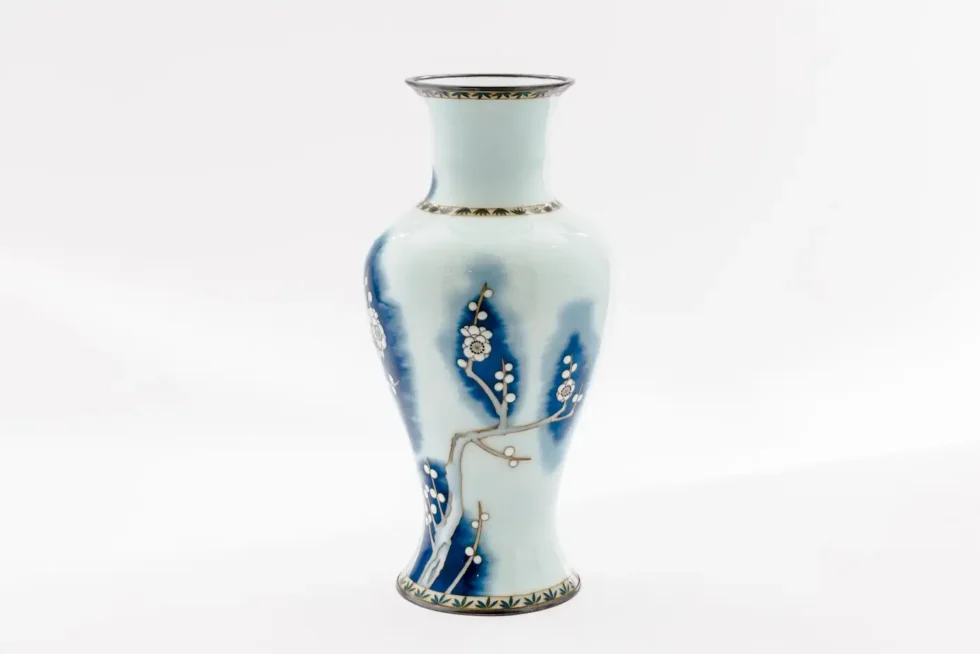 Exquisite Japanese Cloisonné Enamel Vase Blue and White Plum Blossoms, Ando - Image 2