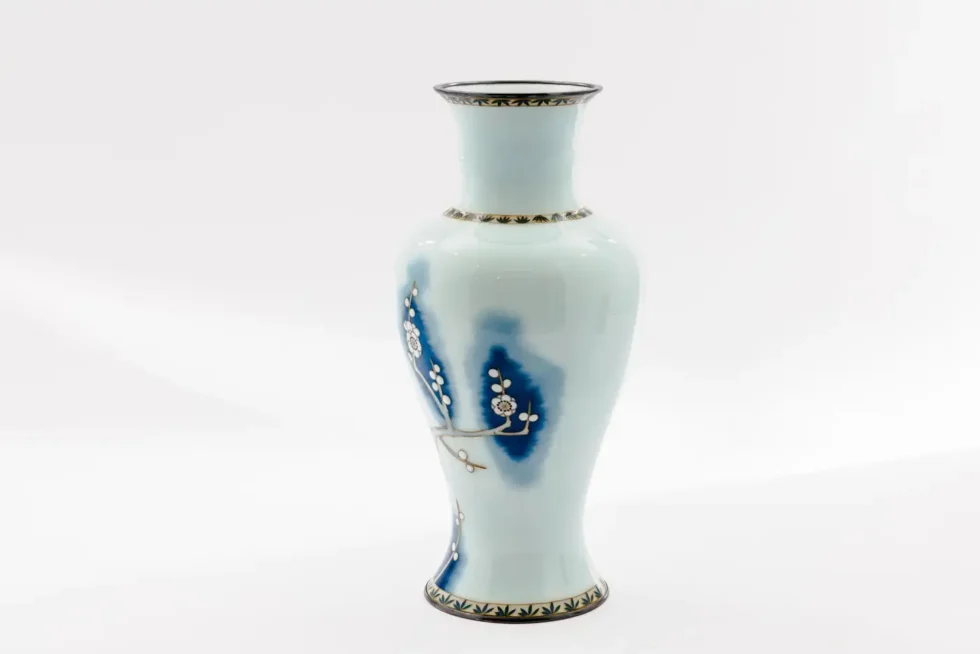 Exquisite Japanese Cloisonné Enamel Vase Blue and White Plum Blossoms, Ando - Image 3