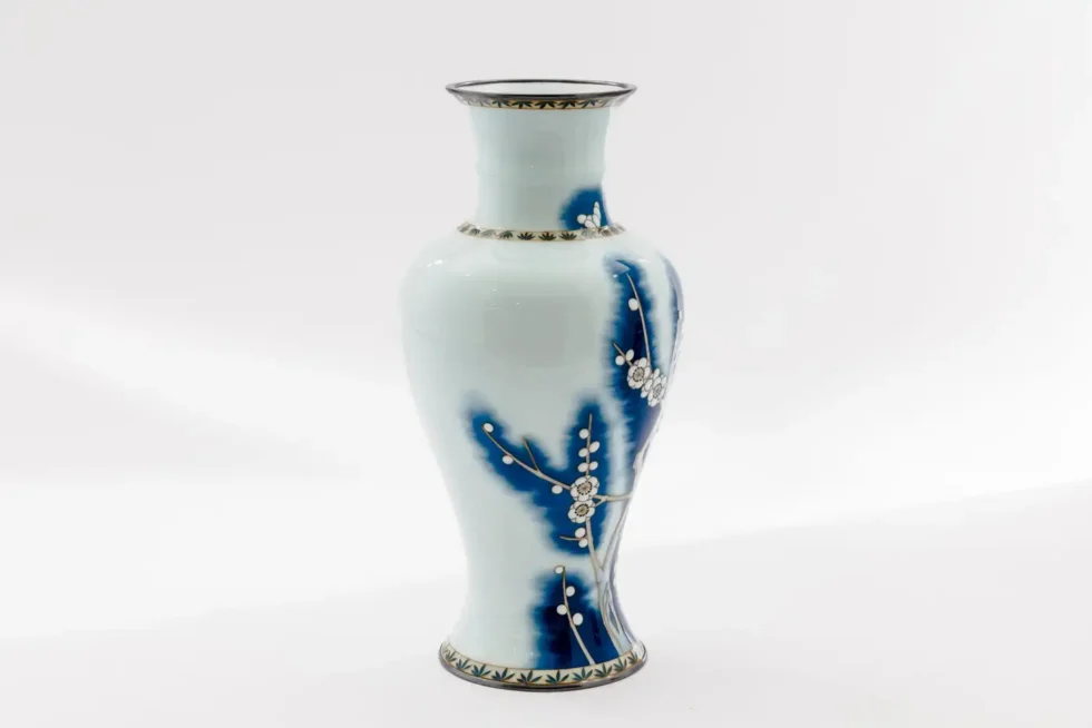 Exquisite Japanese Cloisonné Enamel Vase Blue and White Plum Blossoms, Ando - Image 5