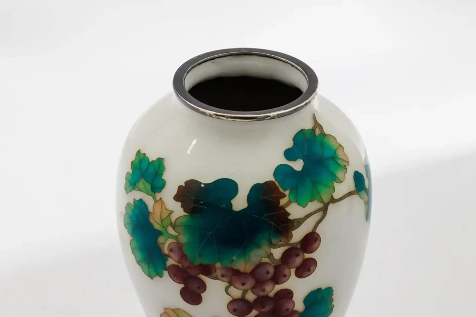 Fine Pair of Japanese Cloisonné Enamel Vases by Ando with Grapes on White Ground - Image 6