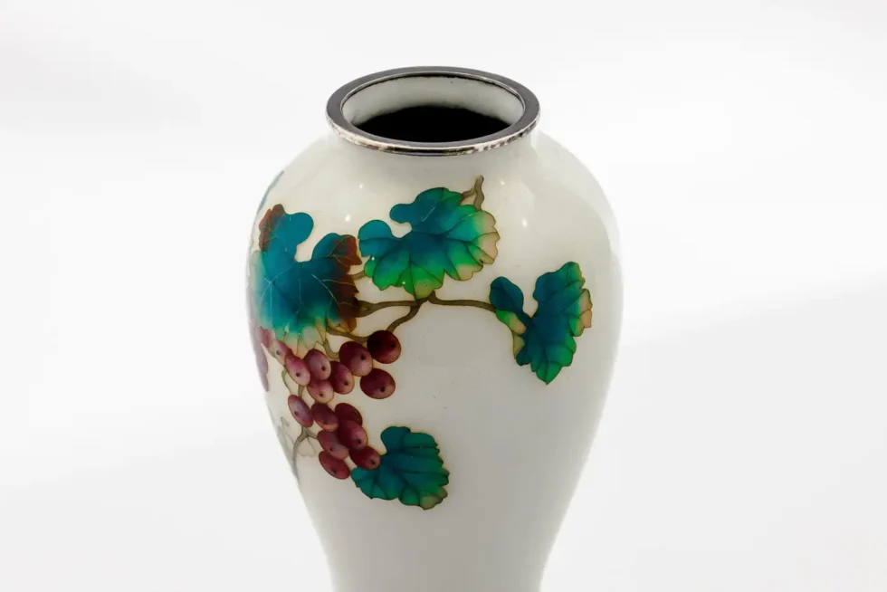 Fine Pair of Japanese Cloisonné Enamel Vases by Ando with Grapes on White Ground - Image 8