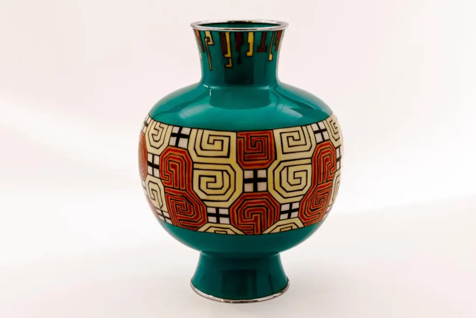 Mid-Century Japanese Cloisonné Enamel Vase Attributed to Sato with Geometric - Image 5