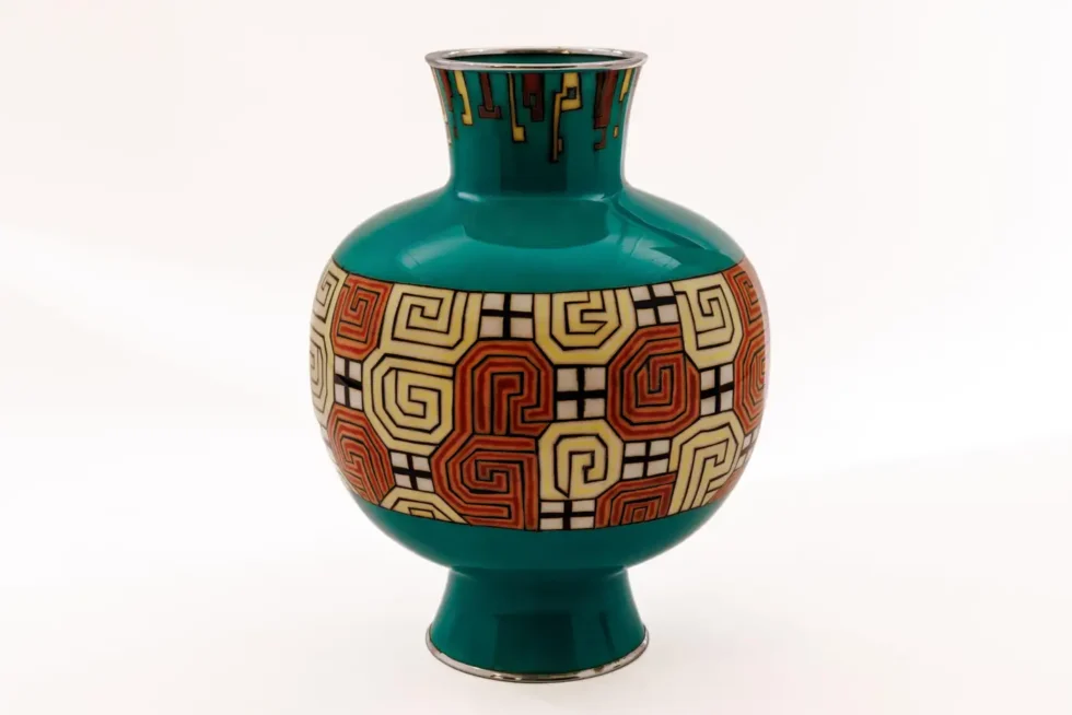 Mid-Century Japanese Cloisonné Enamel Vase Attributed to Sato with Geometric - Image 4