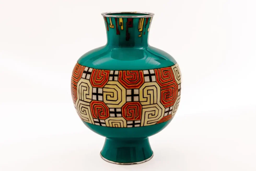Mid-Century Japanese Cloisonné Enamel Vase Attributed to Sato with Geometric - Image 2