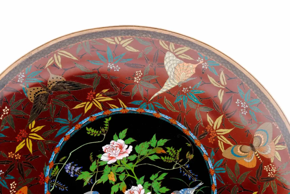 Fine Japanese Cloisonné Enamel Charger Peonies Birds Butterflies Goto Seizaburō - Image 4