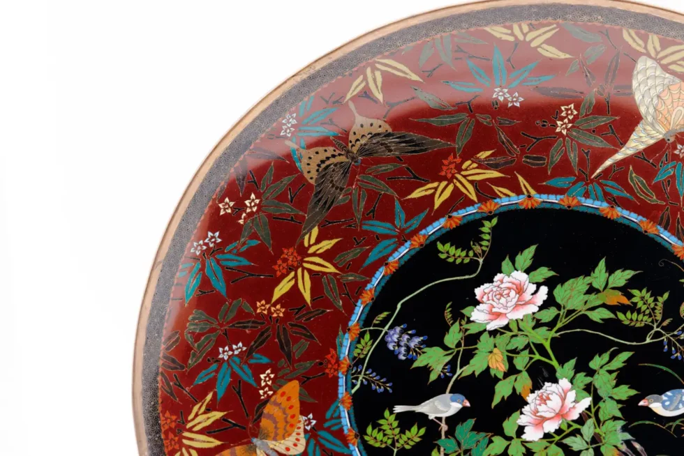 Fine Japanese Cloisonné Enamel Charger Peonies Birds Butterflies Goto Seizaburō - Image 5