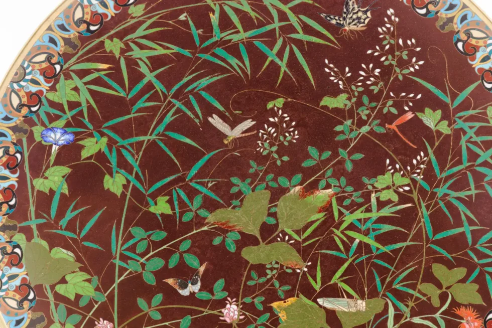 Fine Meiji Cloisonné Enamel Charger Bamboo and Insects Attributed, Goto - Image 3