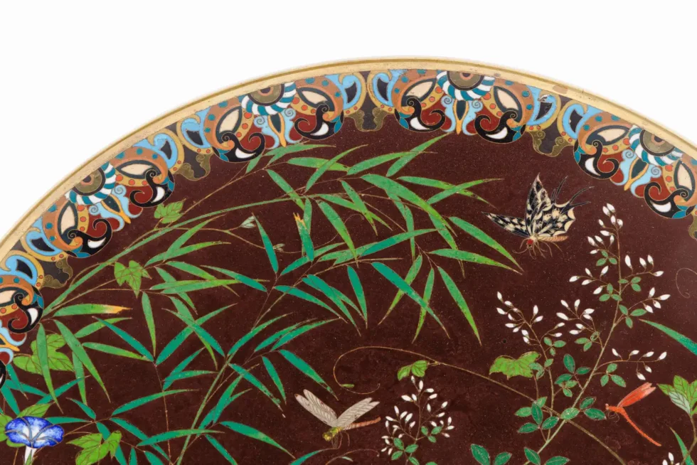 Fine Meiji Cloisonné Enamel Charger Bamboo and Insects Attributed, Goto - Image 8