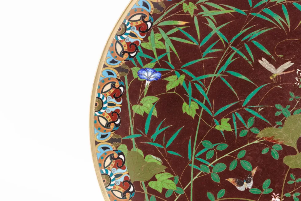 Fine Meiji Cloisonné Enamel Charger Bamboo and Insects Attributed, Goto - Image 5