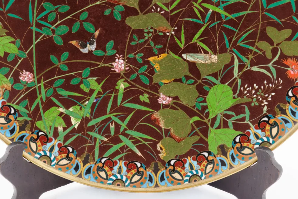 Fine Meiji Cloisonné Enamel Charger Bamboo and Insects Attributed, Goto - Image 6
