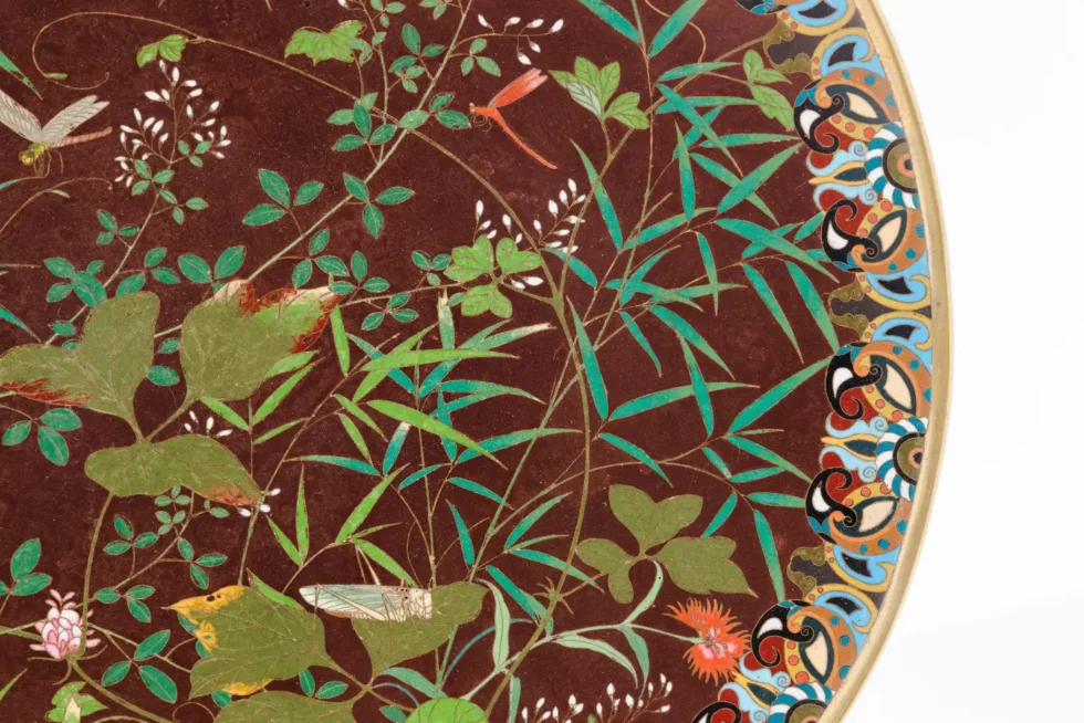 Fine Meiji Cloisonné Enamel Charger Bamboo and Insects Attributed, Goto - Image 7