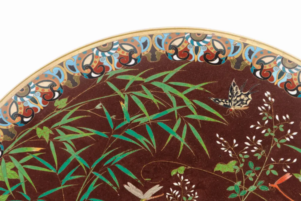 Fine Meiji Cloisonné Enamel Charger Bamboo and Insects Attributed, Goto - Image 4
