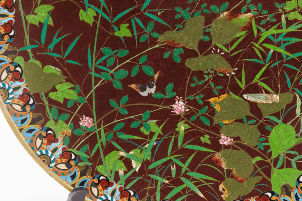 Fine Meiji Cloisonné Enamel Charger Bamboo and Insects Attributed, Goto - Image 9