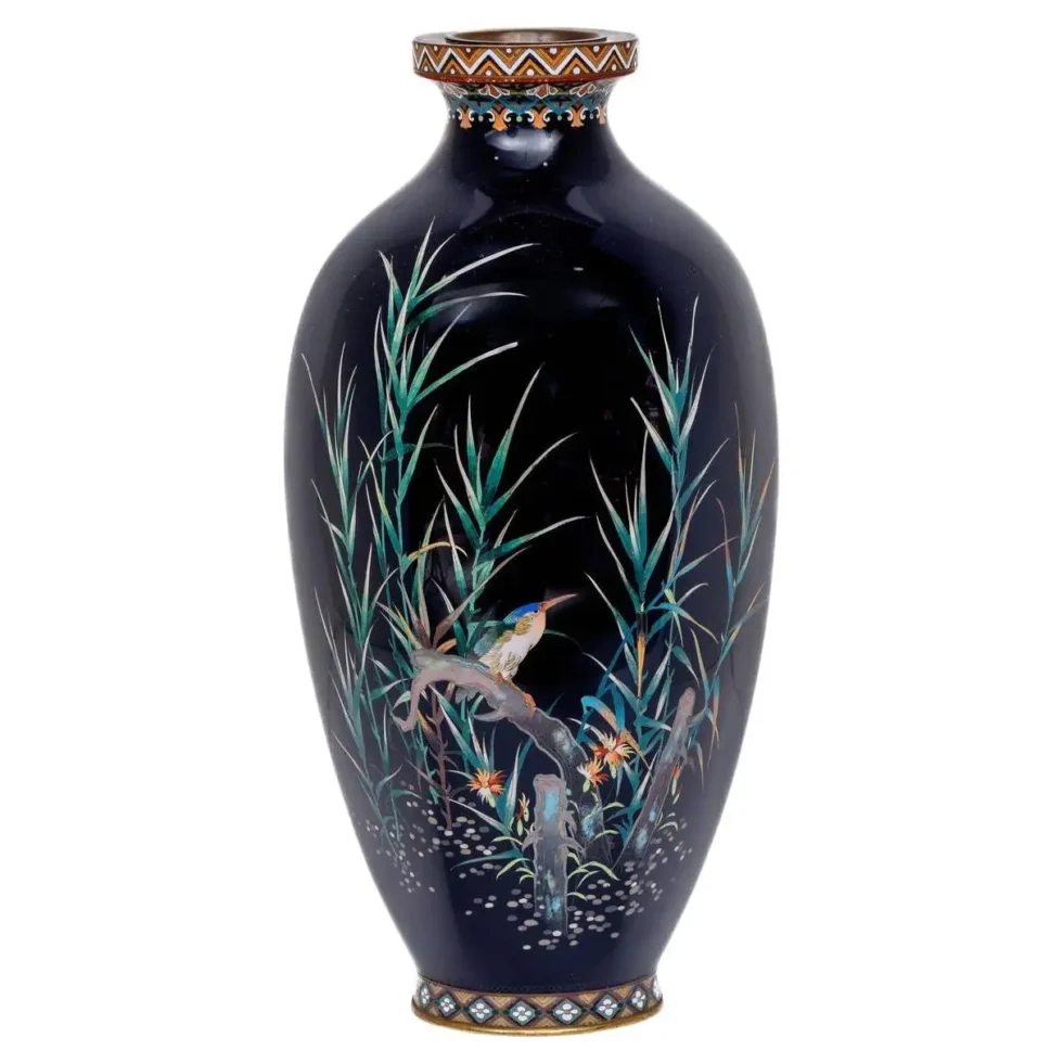 Rare Japanese Cloisonné Enamel Vase with Kingfisher and Reeds, Hayashi Kodenji