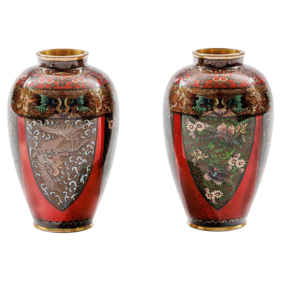 Rare Pair of Meiji Period Japanese Cloisonne Enamel Vases Red Ground Dragon